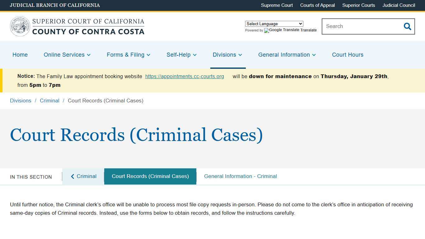 Court Records (Criminal Cases) Superior Court of California County of Contra Costa